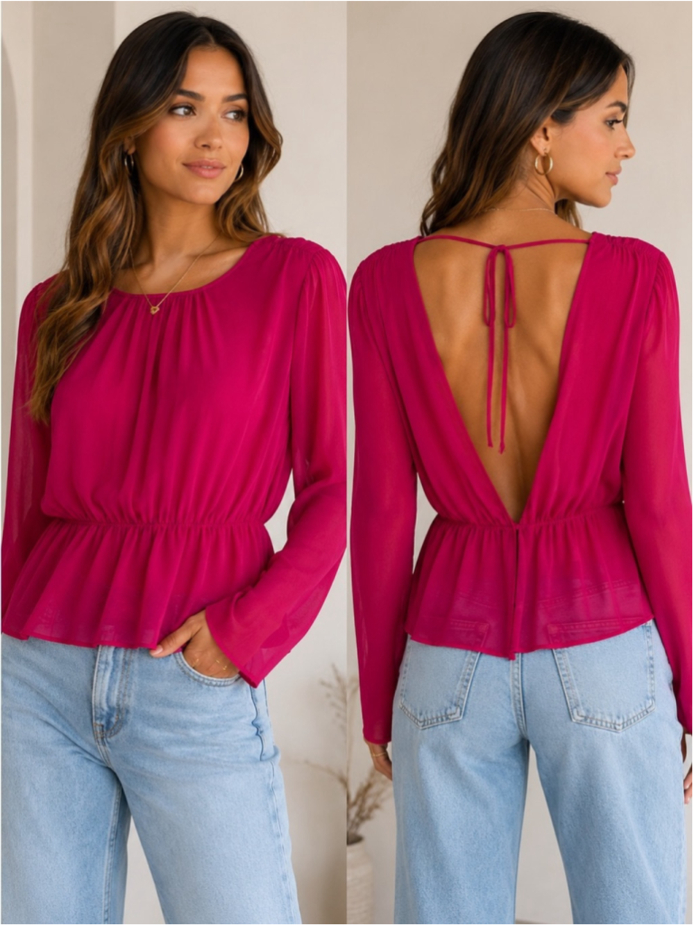 Zara Fuchsia Pink Sheer Long-Sleeve Peplum Blouse with Open Back Size M Boho